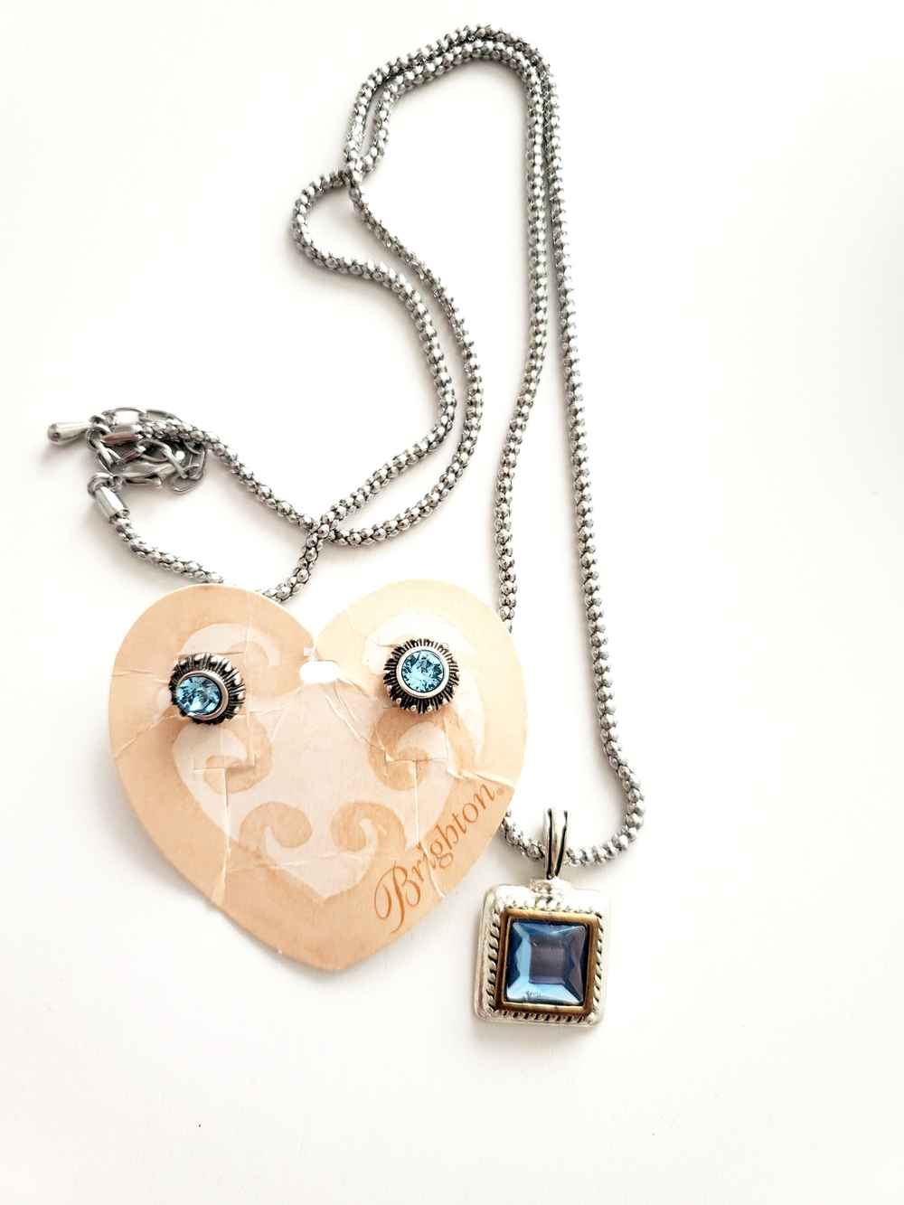 Brighton Silver Necklace and Blue Crystal Square Pendant with Matching Studs